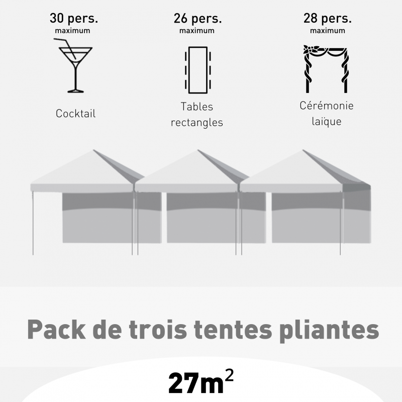 Pack de 3 tentes de réception pliantes soi 27m²
